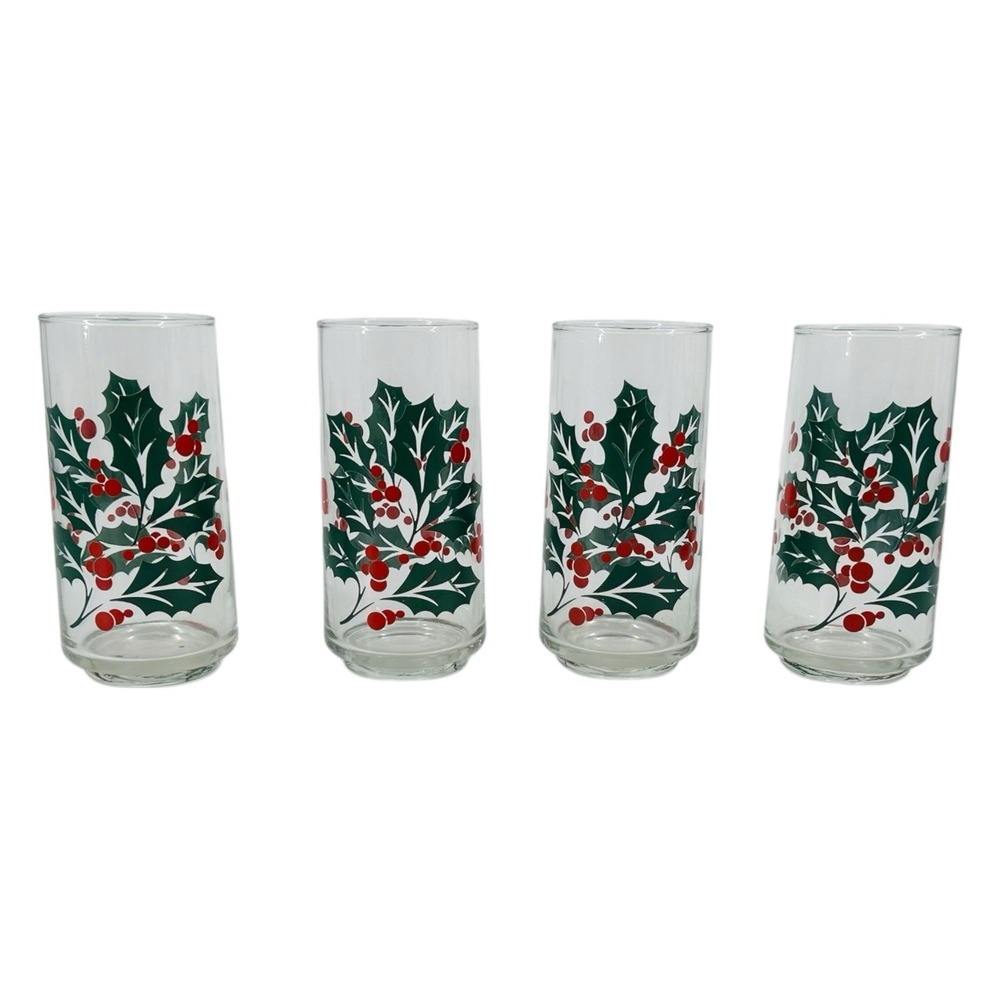 Vintage CRISA Holly Berry Christmas Glasses Set of 4 Holiday Tumblers